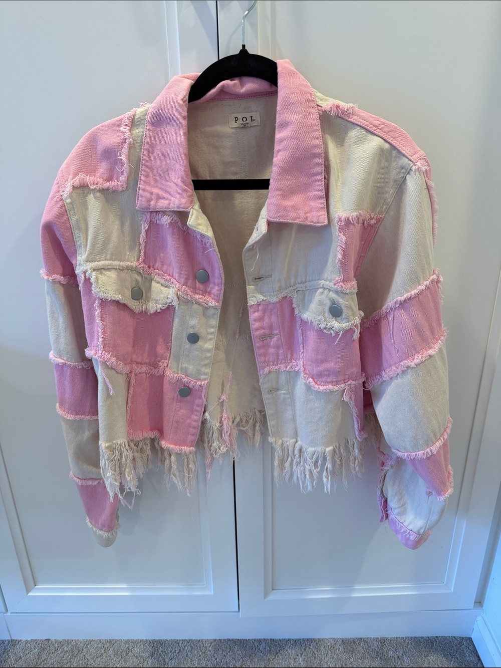 POL Pink & Cream Frayed Patchwork Denim Jacket- size M